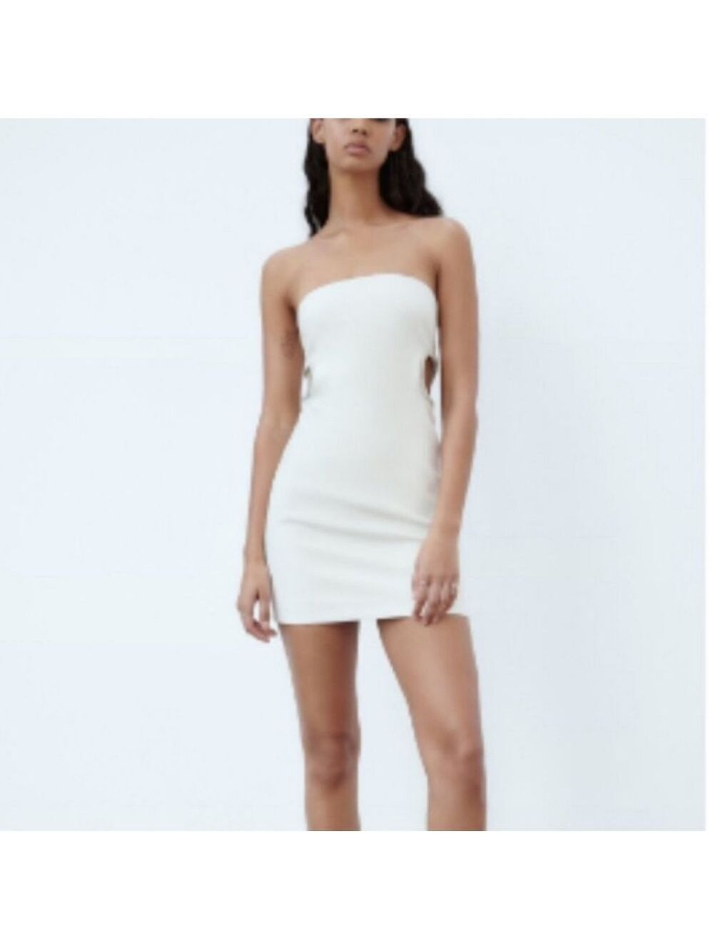 Nwt Zara White Strapless Mini Dress With Rhinestone Cutout Detail, Size M